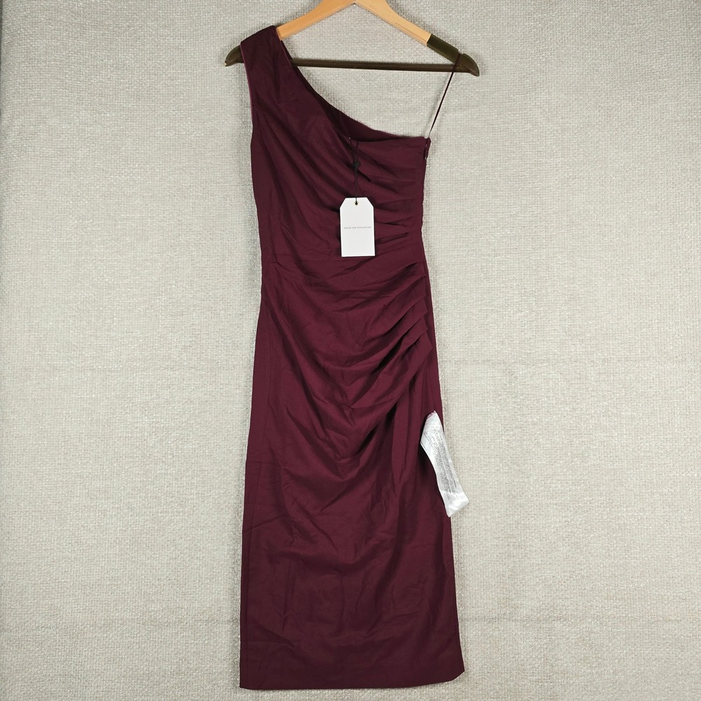 Dress The Population Womens One Shoulder Ruched Midi Dress Burgundy XXS